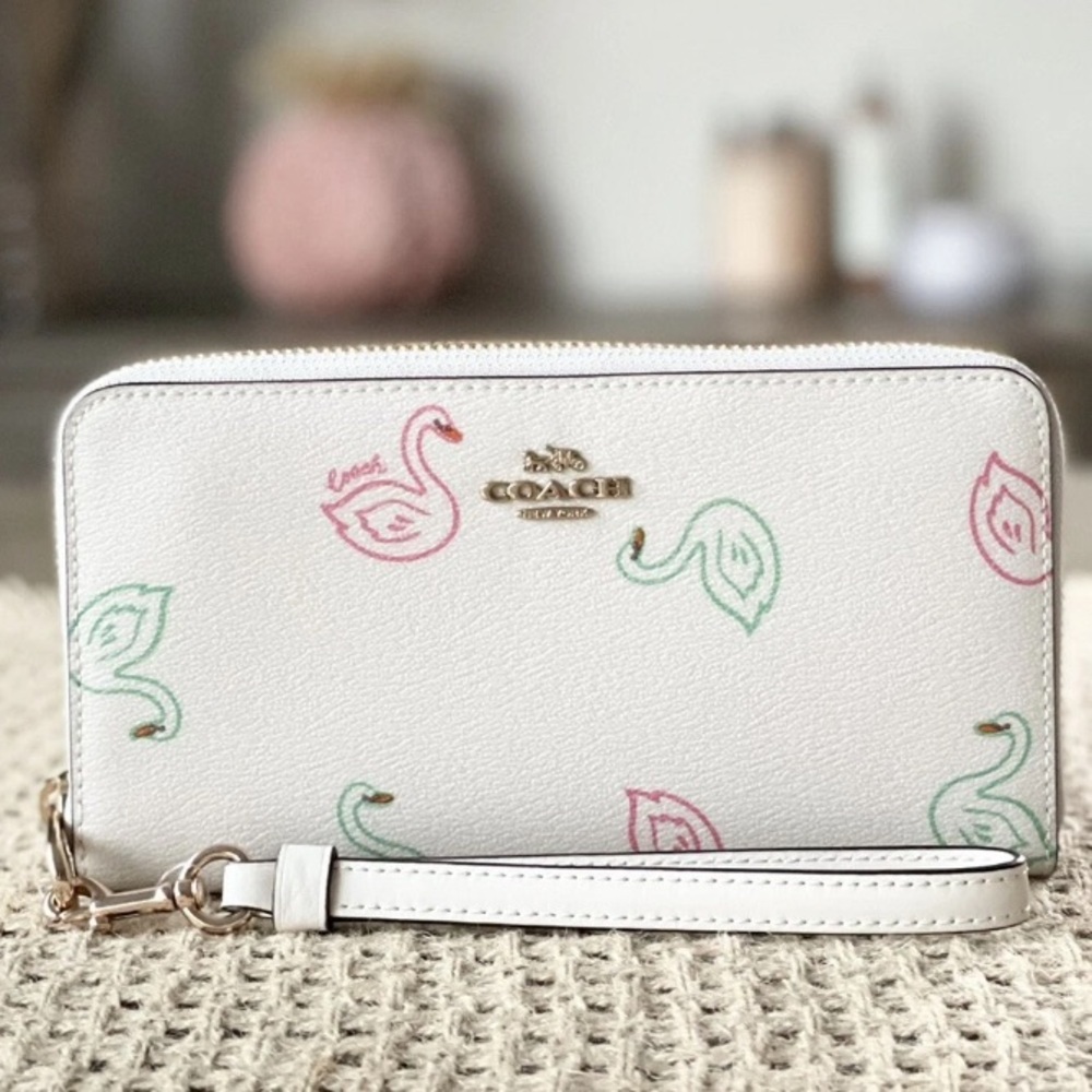 Coach Swan Print Long Zip Around Wristlet Clutch Wallet